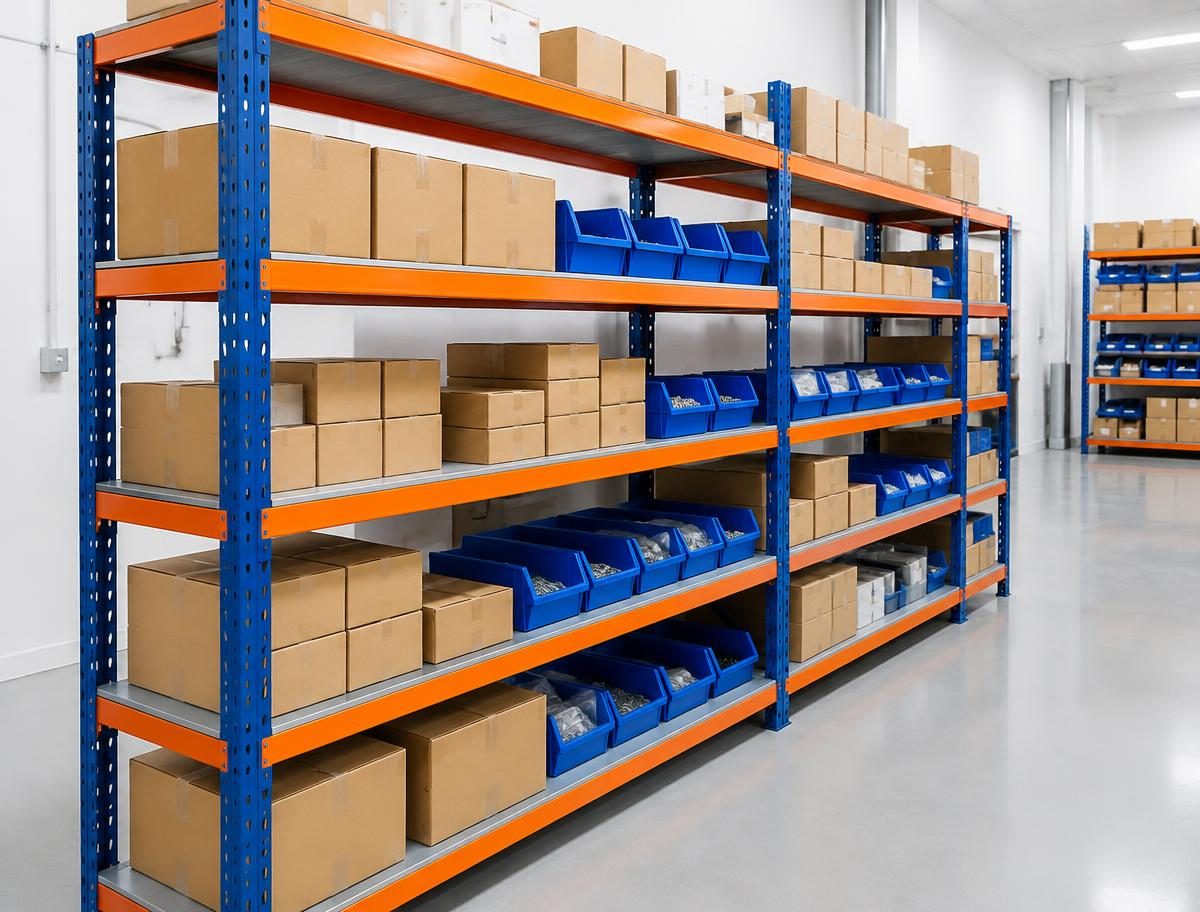 Industrial longspan shelving with cartons and picking bins